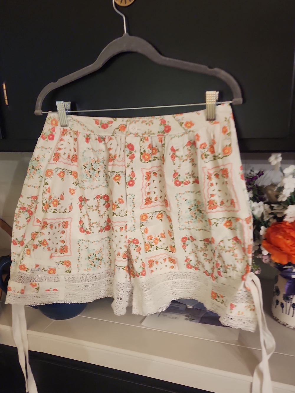 Free People Lace-Trim Shorts - Cream with Coral Accents